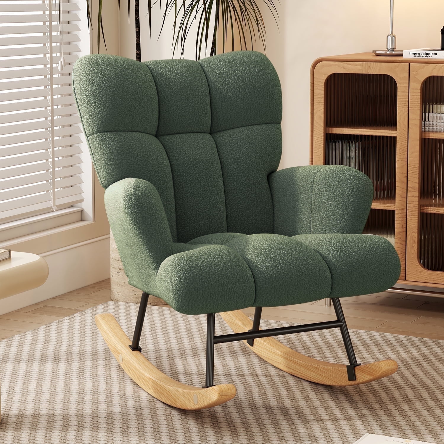 Glider Rocking Chair for Bedroom Chair, Comfy Accent Chair Reading Chair with High Backrest Armchair Teddy Soft Upholstered Living Room Chairs for Nursery Bedroom(Green)
