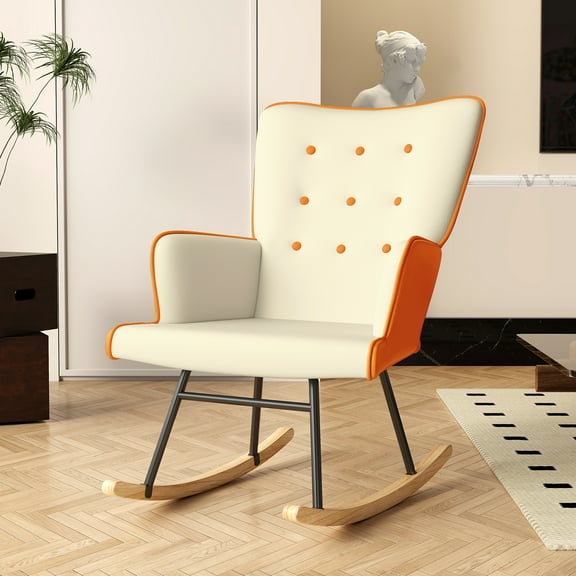 Glider Rocking Chair Nursery Comfy Accent Chair with High Back Faux Leather Living Room Chairs Color Button Tufted Armchair Reading Chair for Bedroom Nursery Office, Cream+ Orange Yellow