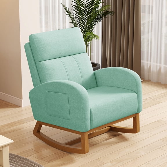 Glider Rocking Chair Nursery Comfy Accent Chair with High Backrest Upholstered Living Room Chairs with Side Pocket Armchair Reading Chair for Bedroom Nursery Office, Green