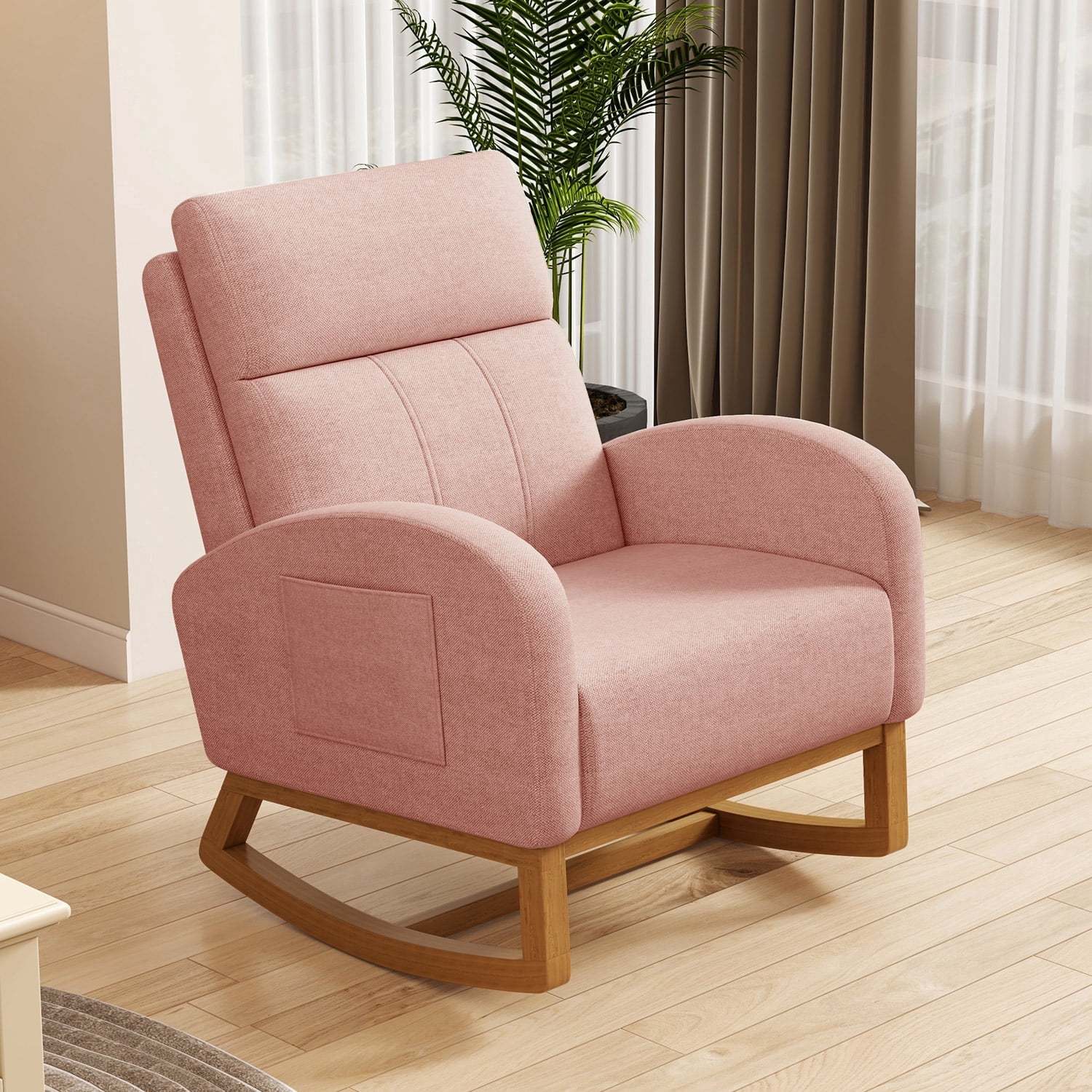 Glider Rocking Chair Nursery Comfy Accent Chair with High Backrest Upholstered Living Room Chairs with Side Pocket Armchair Reading Chair for Bedroom Nursery Office,Pink