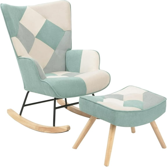 Glider Rocking Chair with Ottoman, Mid Century Fabric Rocker Chair with Wood Legs and Patchwork Linen for Bedroom, Nursing, Living Room and Small Space (Green White)