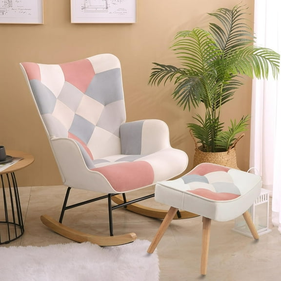 Glider Rocking Chair with Ottoman, Mid Century Fabric Rocker Chair with Wood Legs and Patchwork Linen for Bedroom, Nursing, Living Room and Small Space (Pink White)