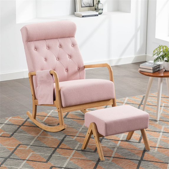 Glider Rocking Chair with Ottoman Set, Linen Upholstered Living Room Chairs with Side Pocket and Ergonomic Backrest, Leisure Single Armchair Side Chair Vanity Chair, Pink