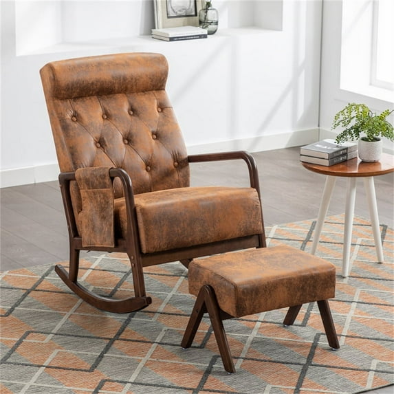 Glider Rocking Chair with Ottoman Set, Microfiber Upholstered Living Room Chairs with Side Pocket and Ergonomic Backrest, Leisure Single Armchair Side Chair Vanity Chair, Coffee