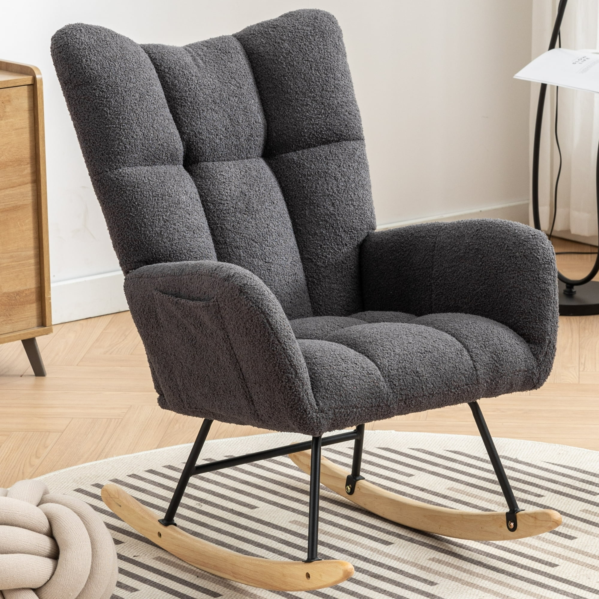 Glider Rocking Chair, Teddy Velvet Accent Rocker Chair with Soft Seat