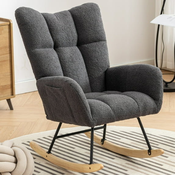 Glider Rocking Chair, Teddy Velvet Accent Rocker Chair with Soft Seat Cushion and Metal Base, Upholstered Wingback Living Room Chairs for Reading Room, Bedroom, Office, Dark Gray