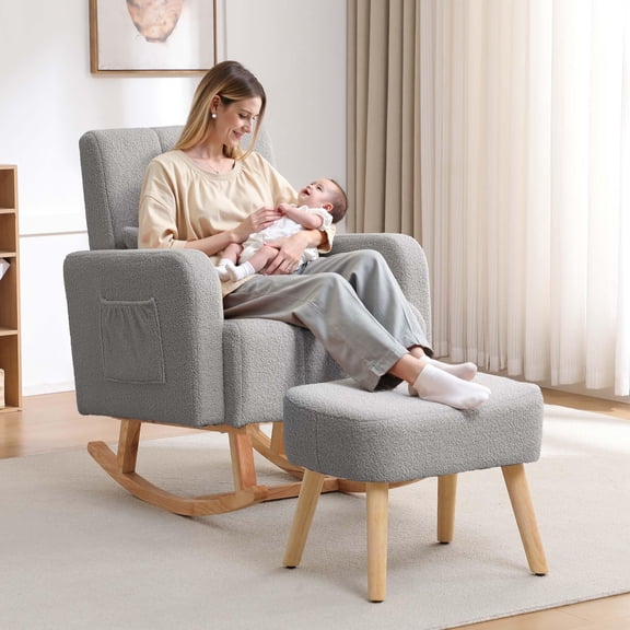 Glider Rocking Chair With Ottoman, Upholstered Armchair With Side Pocket