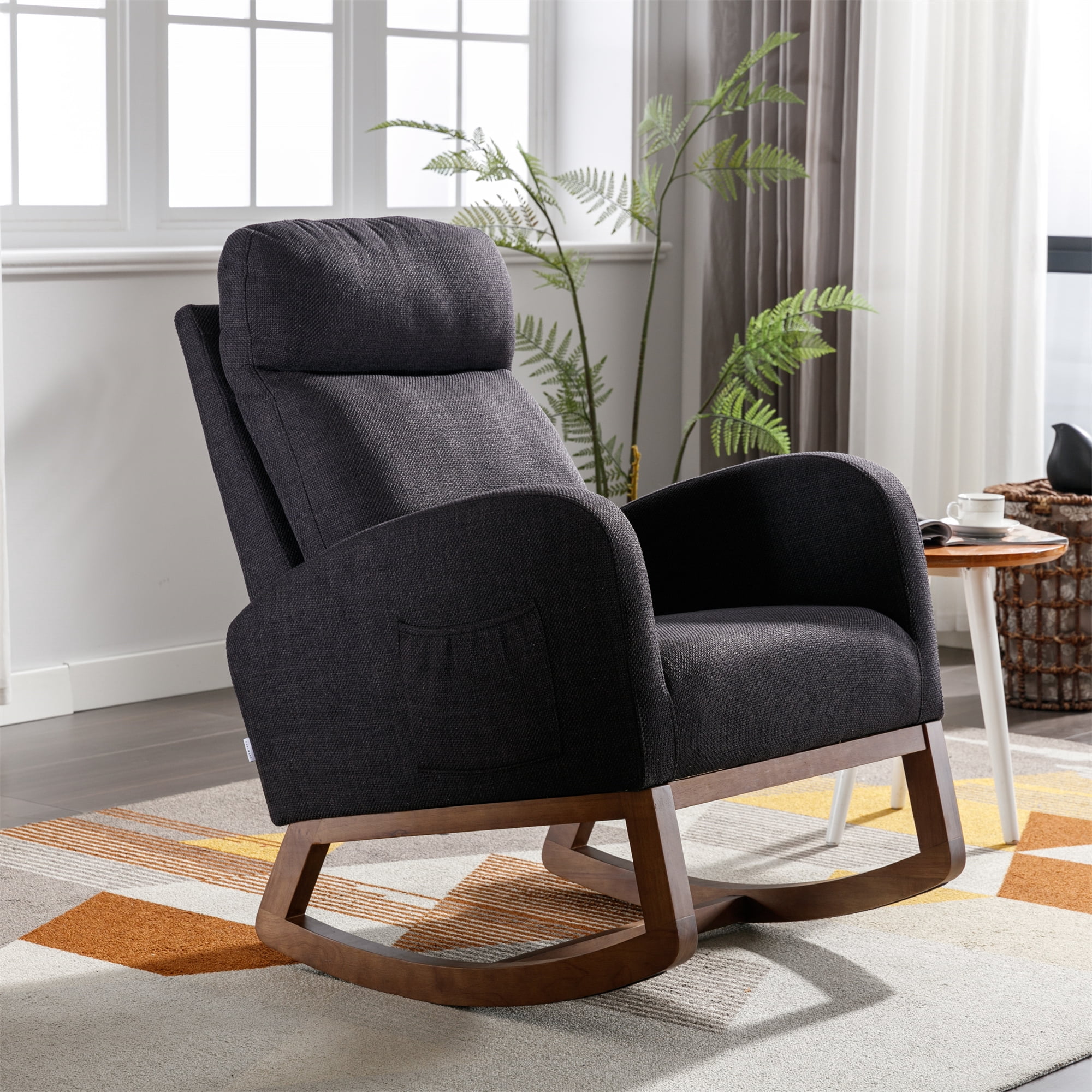 Glider Rocking Chair With Solid Rubber Wood Base for Baby Nursery