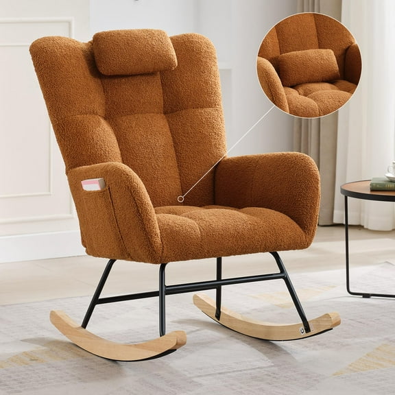 Glider Rocking Chair with Wood Legs and Two Side Pockets, Upholstered with Padded Seat and High Backrest, 300Lb Capacity Comfortable Rocker for Living Room or Bedroom