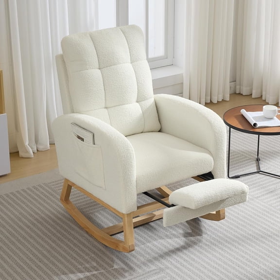 Glider Rocking Chair with USB Port and Side Pocket - High Back Linen Nursing Chair with Footrest and Wood Legs