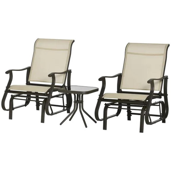 Gliding Chair & Tea Table Set, Outdoor Rocker Seats with Steel Frame, Tempered Glass Tabletop, Garden Patio Furniture, Beige