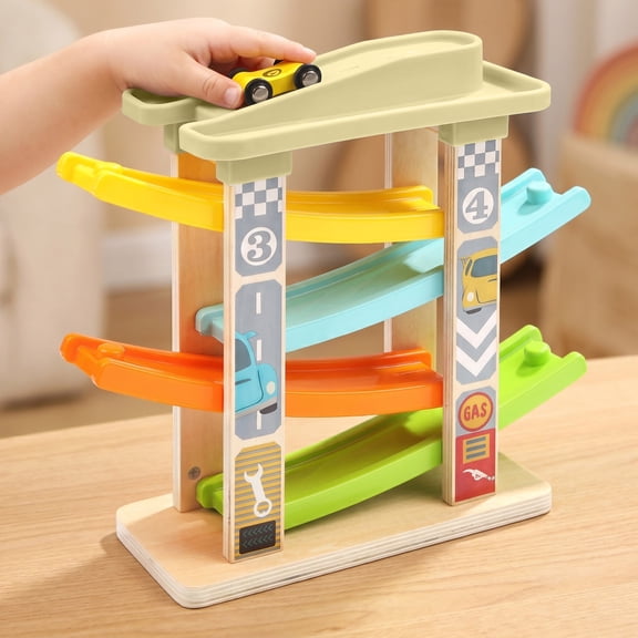 Gliding Track Toy Car Set, Wooden Racing Ramp Playset with 4 Cars, Multi Level Slide Track Tower for Kids, Random Color