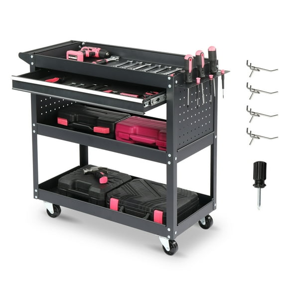 GlimmerGrove 3 Tier Rolling Tool Cart with Drawers, Heavy Duty Utility Cart on Wheels, Rolling Tool Box for Garage, Warehouse, Factory, Black