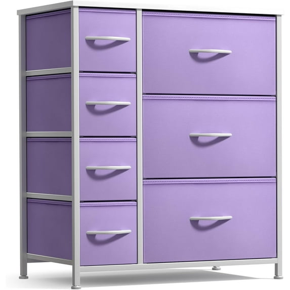 GlimmerGrove Dresser with 7 Drawers - Furniture Storage Chest for Kid’s, Teens, Bedroom, Nursery, Playroom, Clothes, Toys - Steel Frame, Wood Top, Tie-dye Fabric Bins (7-Drawer, Pastel Purple)
