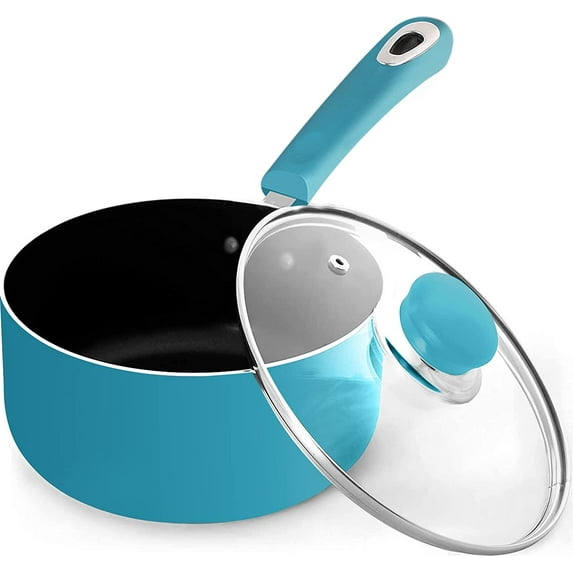 GlimmerGrove Kitchen Nonstick Stock Pot Saucepan Set with Lids, 2 Quarts Multipurpose Stock Pots Set for Home, Kitchen or Restaurant,Pack of 1,Turquoise-Black