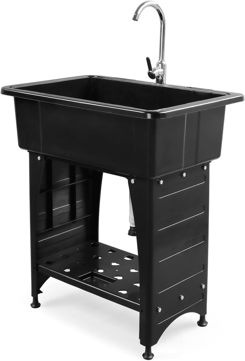 GlimmerGrove Spacious Black Utility Sink Laundry Tub for Laundry Room, Garage Washing Station, Slop Sink, Freestanding Sink with Stainless Steel Faucet, Drain, Storage Shelf and Removable Drainboard