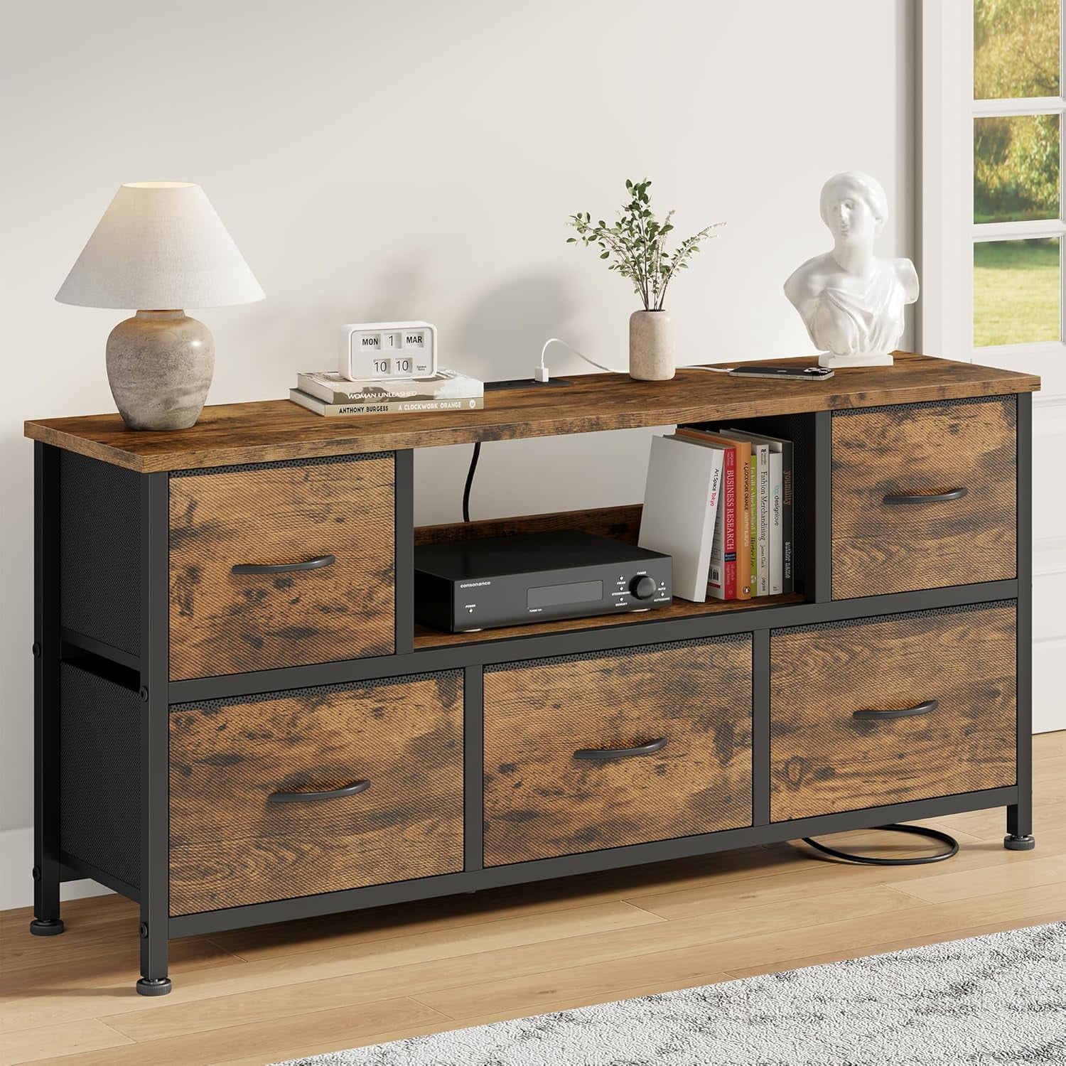 GlimmerGrove TV Stand for Bedroom, LED Rustic Brown Dresser for Living Room with 5 Fabric Drawers, 43 50in TV Stand with Power Outlet, Entertainment Center with Open Shelf - Walmart.com