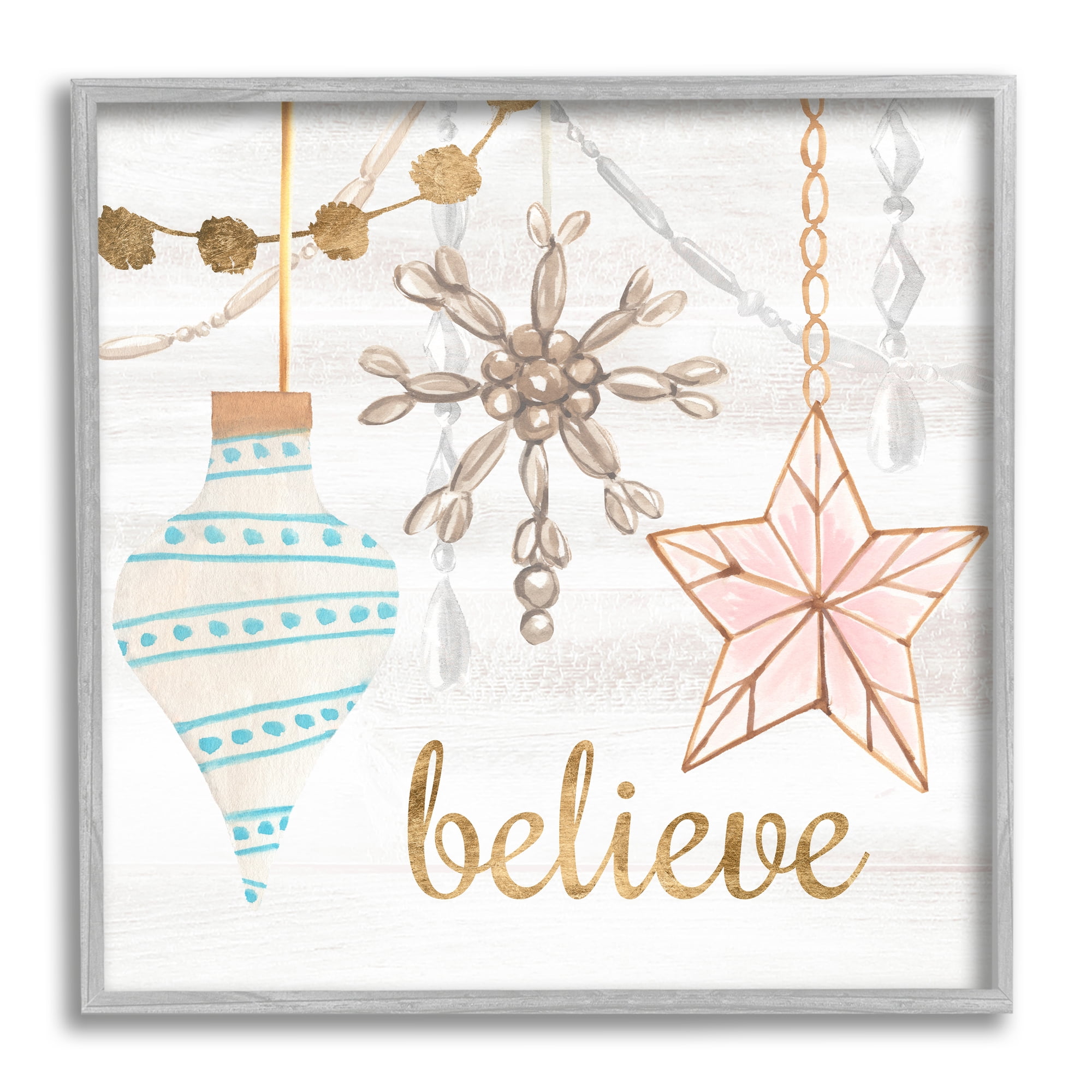 Glimmering Believe Text Holiday Ornaments Star Snowflake Inspirational Graphic Art Framed Art Print Wall Art