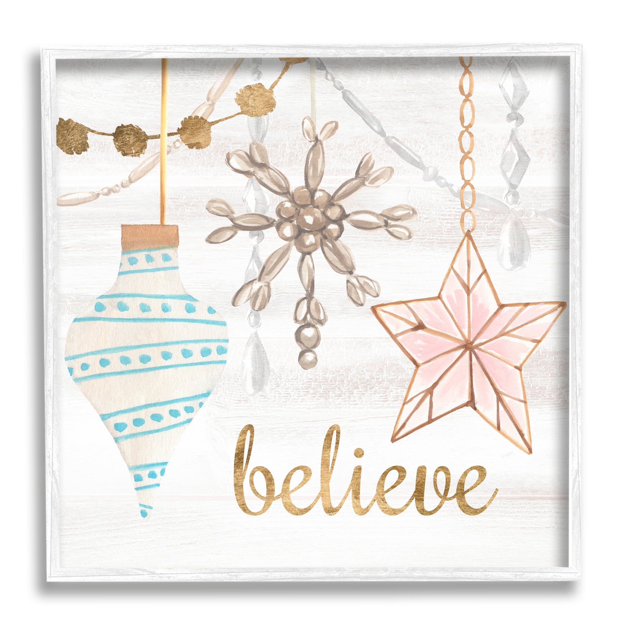 Glimmering Believe Text Holiday Ornaments Star Snowflake Inspirational Graphic Art Framed Art Print Wall Art