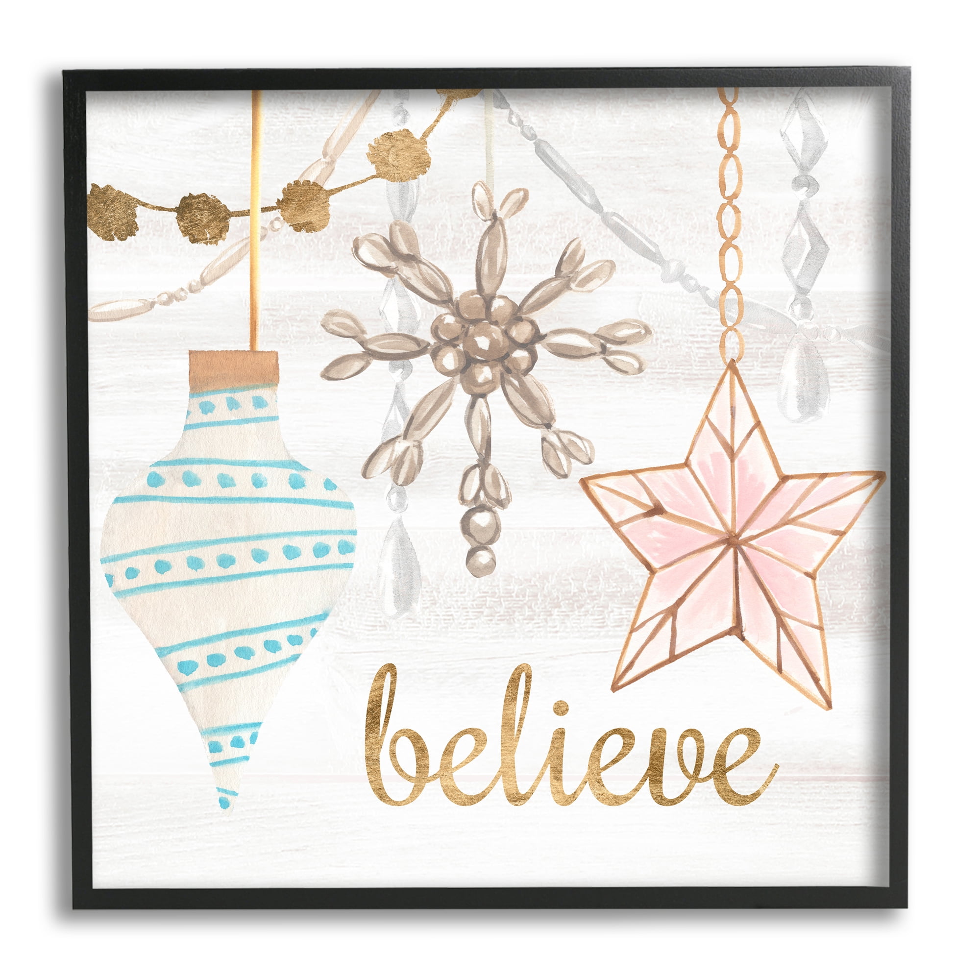 Glimmering Believe Text Holiday Ornaments Star Snowflake Inspirational Graphic Art Framed Art Print Wall Art