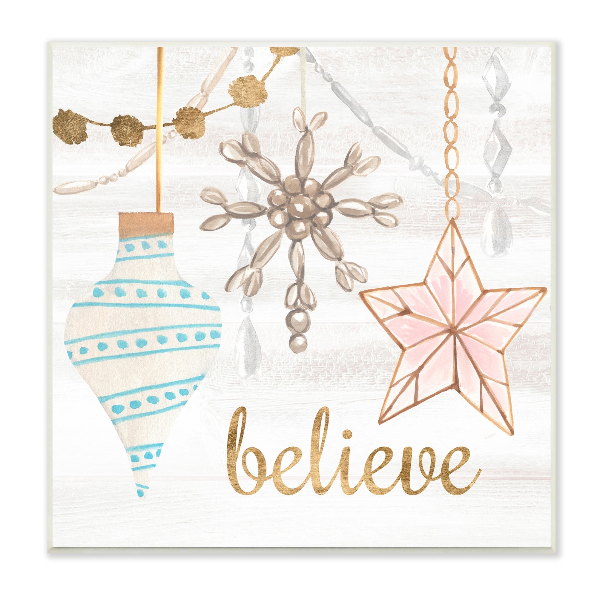 Glimmering Believe Text Holiday Ornaments Star Snowflake Inspirational Graphic Art Unframed Art Print Wall Art
