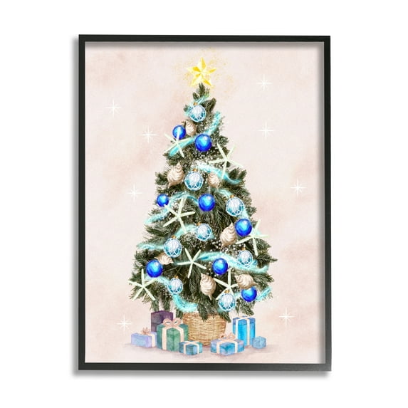 Glimmering Blue Christmas Tree Ornaments & Presents Botanical & Floral Painting Framed Art Print Wall Art
