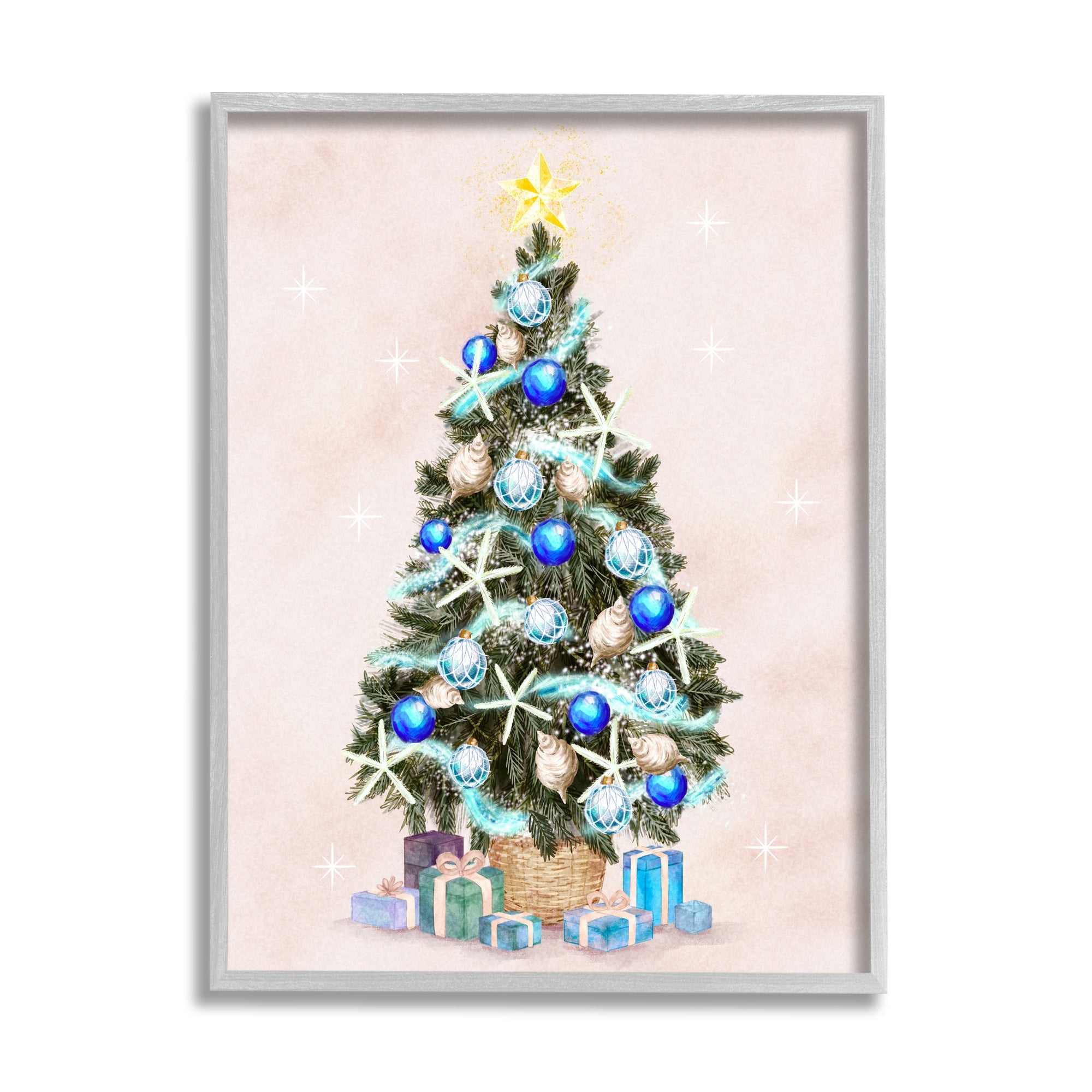Glimmering Blue Christmas Tree Ornaments & Presents Botanical & Floral Painting Framed Art Print Wall Art