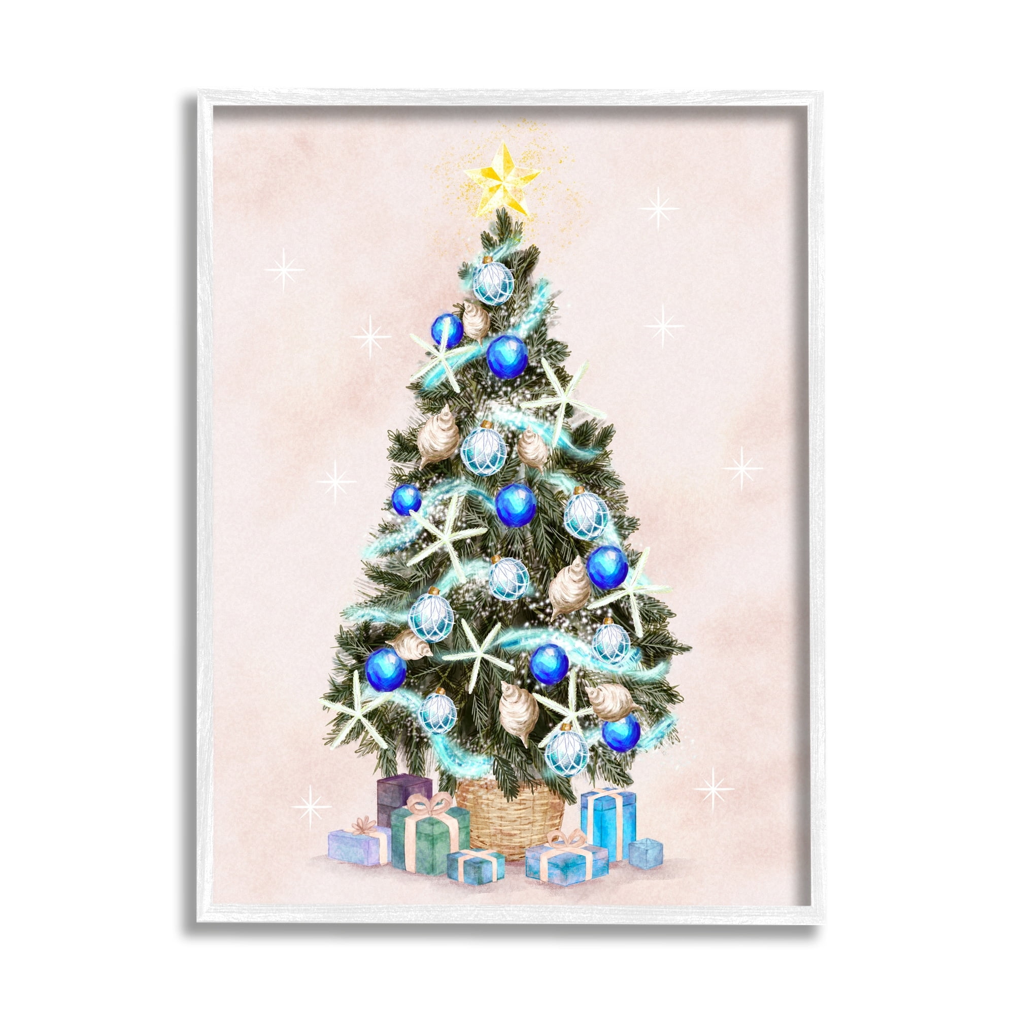 Glimmering Blue Christmas Tree Ornaments & Presents Botanical & Floral Painting Framed Art Print Wall Art