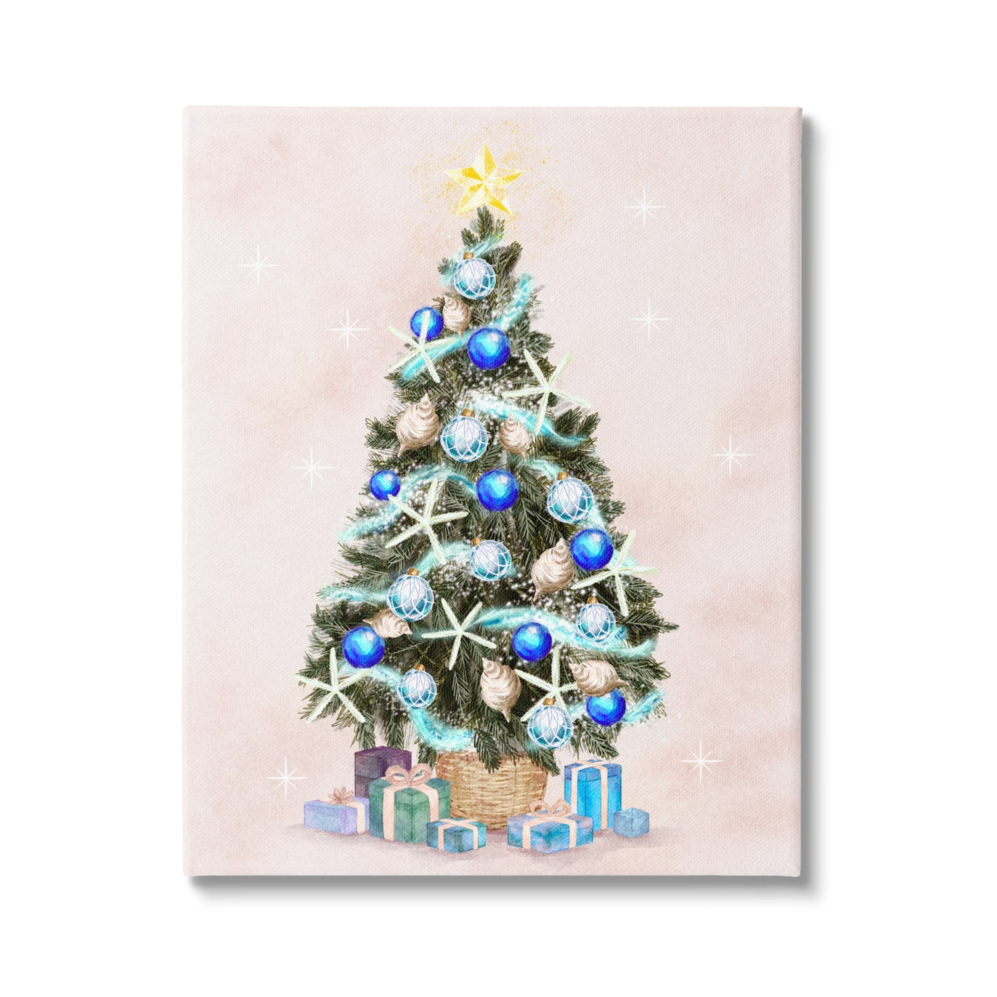 Glimmering Blue Christmas Tree Ornaments & Presents Botanical & Floral Painting Gallery-Wrapped Canvas Print Wall Art