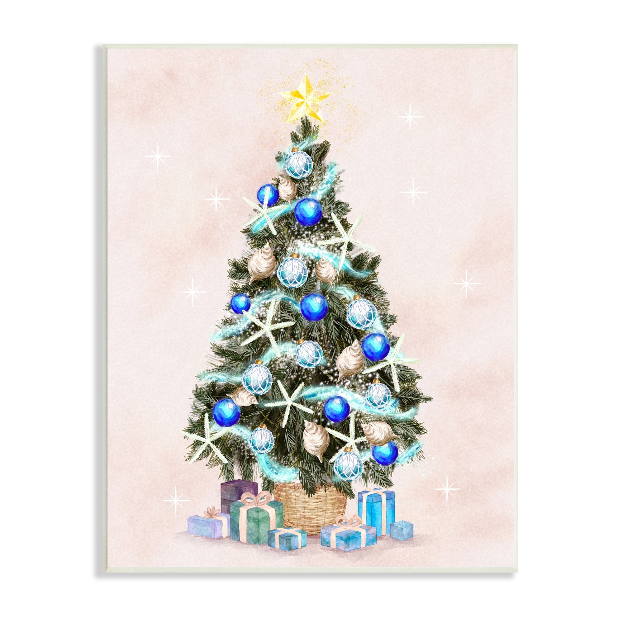 Glimmering Blue Christmas Tree Ornaments & Presents Botanical & Floral Painting Unframed Art Print Wall Art