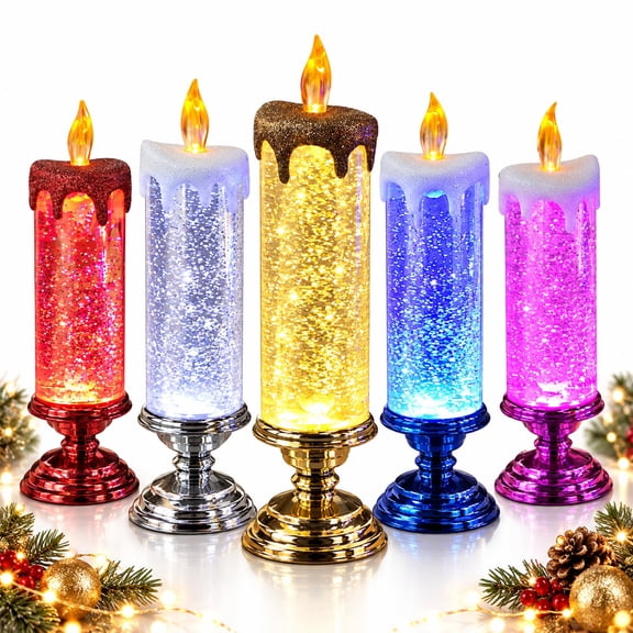Glimmering Glitter Glow Candle, Flameless Sparkling Snow Effect Lantern Romantic Glowing Spinning LED Night Light for Christmas Party Wedding Home Holiday Desktop Ornament