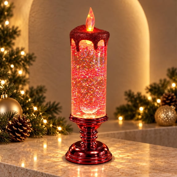 Glimmering Glitter Glow Candle, Flameless Sparkling Snow Effect Lantern Romantic Glowing Spinning LED Night Light for Christmas Party Wedding Home Holiday Desktop Ornament