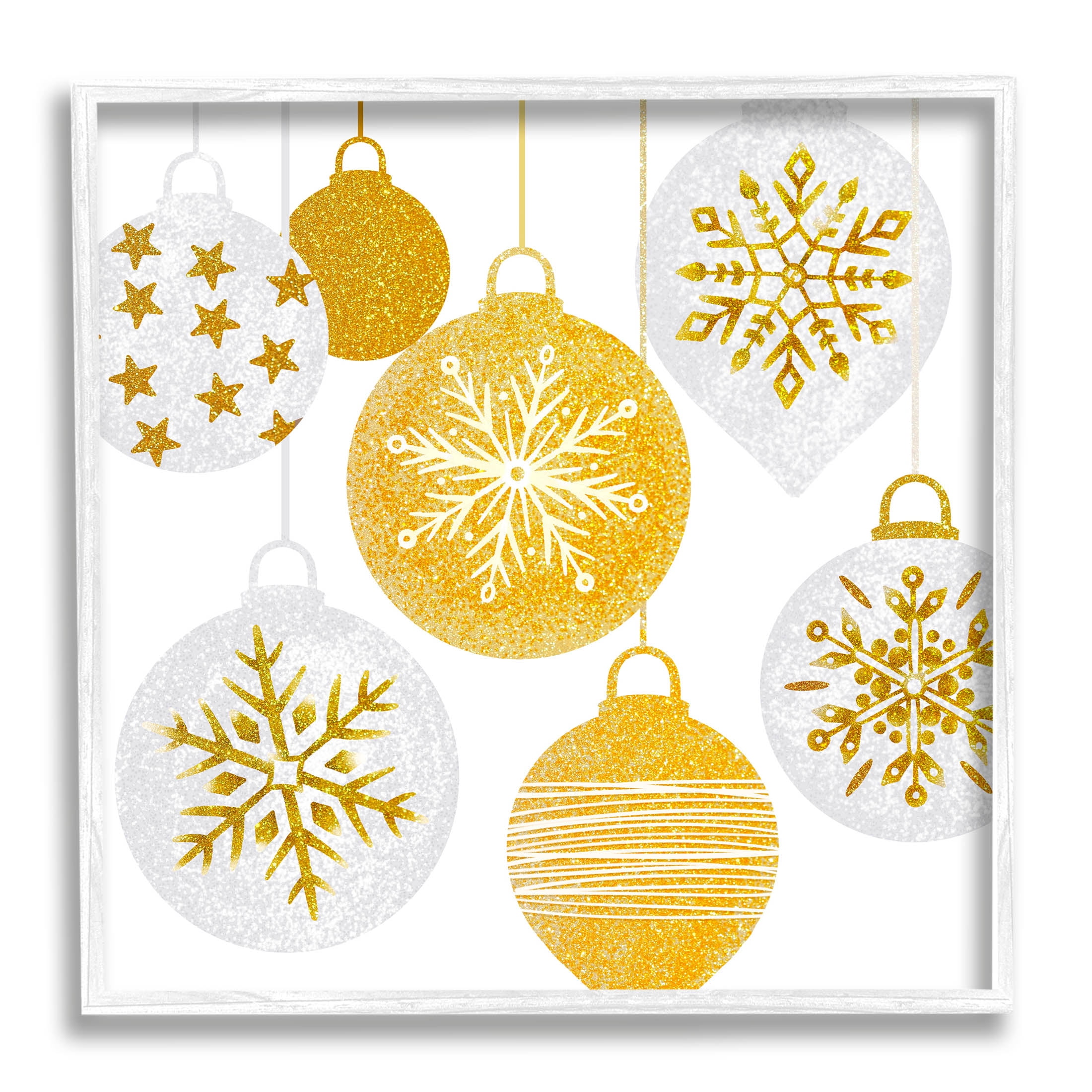 Glimmering Hanging Christmas Baubles Holiday Graphic Art White Framed Art Print Wall Art