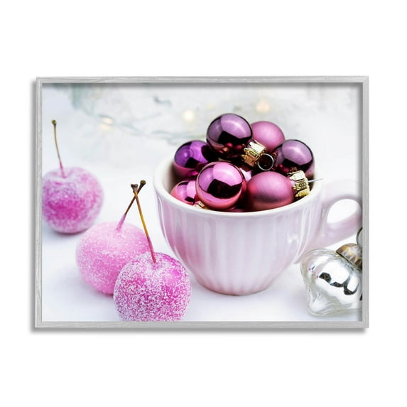 Glimmering Pink Christmas Ornaments Holiday Photograph Gray Framed Art Print Wall Art
