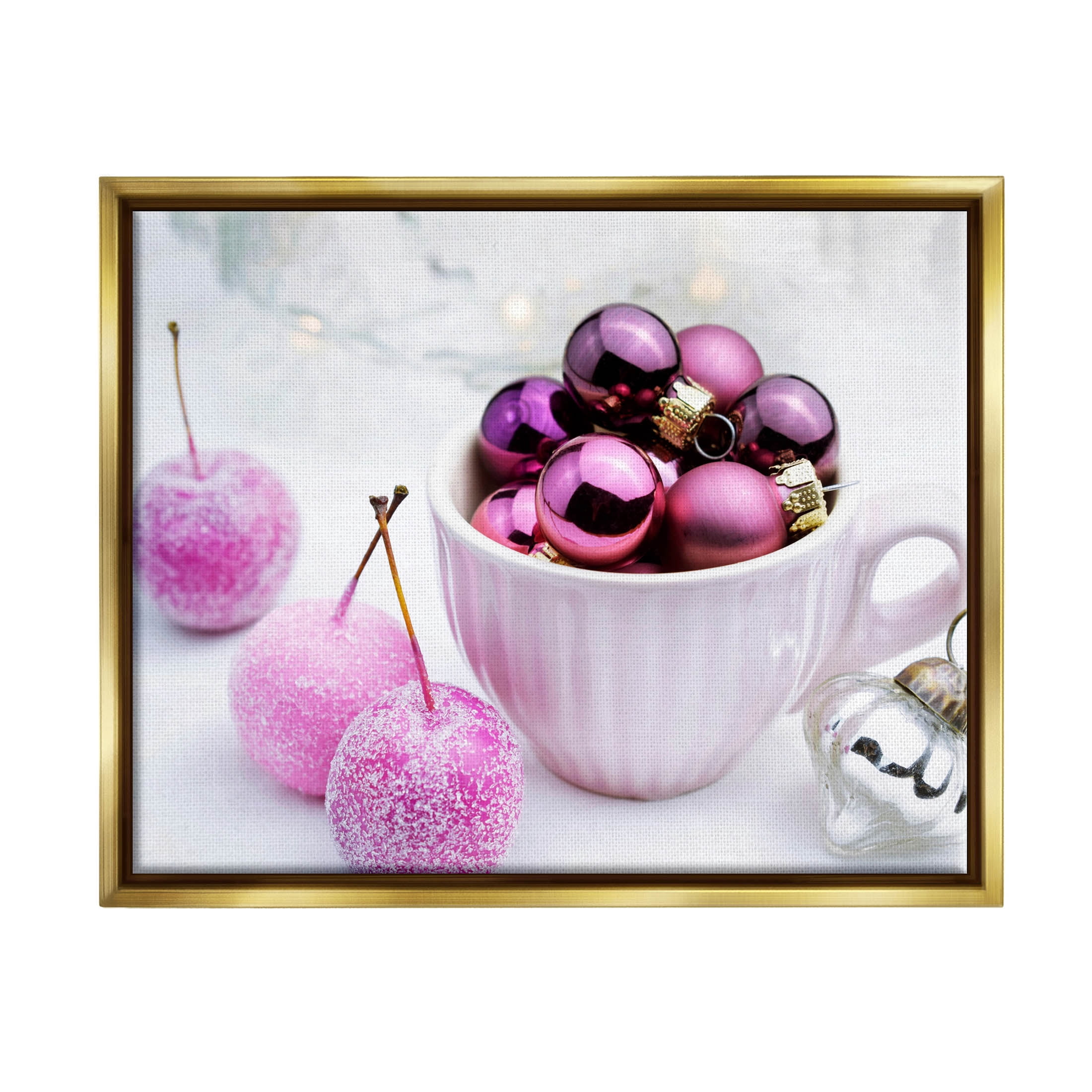 Glimmering Pink Christmas Ornaments Holiday Photograph Metallic Gold Framed Art Print Wall Art