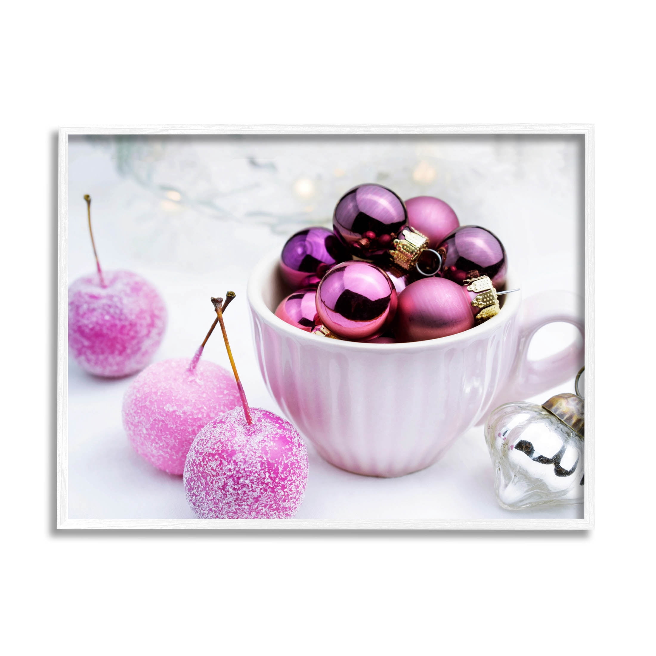 Glimmering Pink Christmas Ornaments Holiday Photograph White Framed Art Print Wall Art