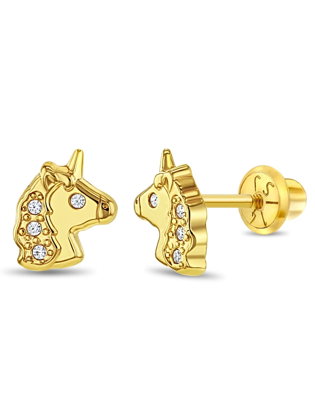 Glimmering Unicorn Clear CZ Toddler / Girl Earrings Safety Screw Back - 14k Gold