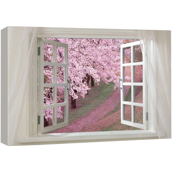 Glimpse into Cherry Blossom in Spring out of Open Window Canvas Wall Art Stretched Canvas Prints | Giclee Printing Ready to Hang - 32" x 48"