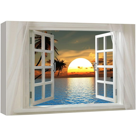 Glimpse into Palm Trees and Sunset at Sunset Time Out of Open Window Canvas Wall Art Stretched Canvas Prints | Giclee Printing Ready to Hang - 12"x18"