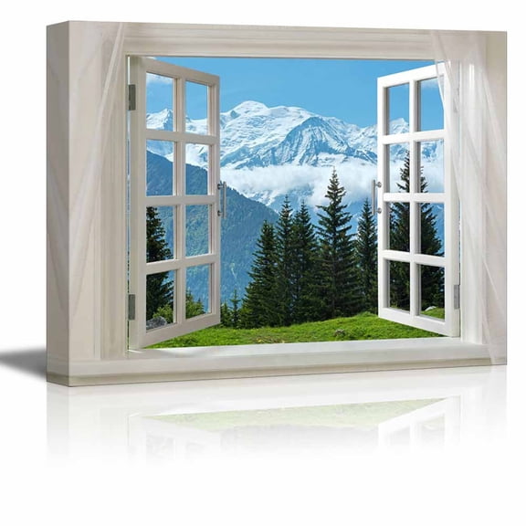 Glimpse into Snow Mountain and Pine Tree out of Open Window Canvas Wall Art Stretched Canvas Prints | Giclee Printing Ready to Hang - 32" x 48"
