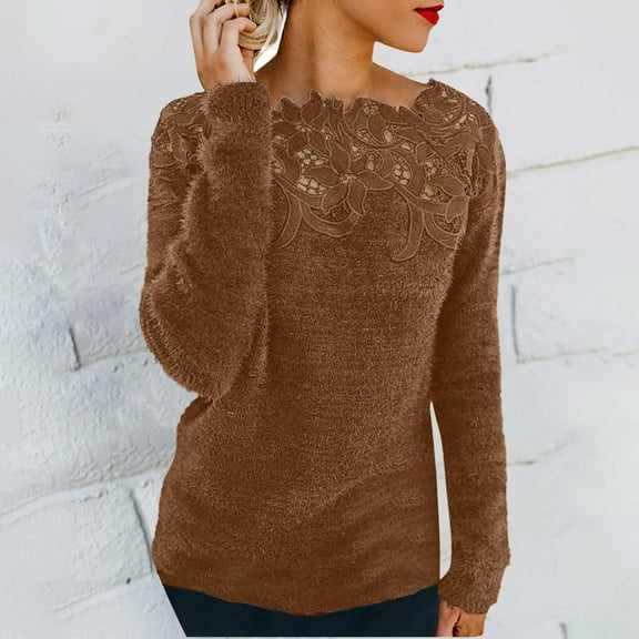 Valueadd Clothing Women's Long Sleeve Pullovers Lace Patchwork Knit Sweater Crewneck Solid Color Casual Knit Pullover Sweater Tops Brown S