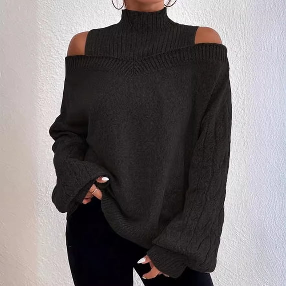 Valueadd Clothing Women's 2024 And Winter Off Shoulder Sweater Women's Pullover Half Turtleneck Sleeve Eight Loose Slimming Sweater Black