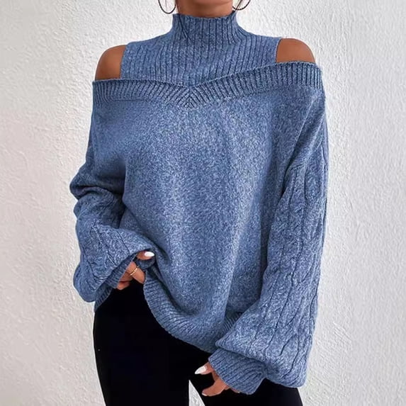Glimpses Clothing Women's 2024 And Winter Off Shoulder Sweater Women's Pullover Half Turtleneck Sleeve Eight Loose Slimming Sweater Blue