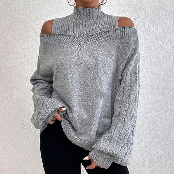 Glimpses Clothing Women's 2024 And Winter Off Shoulder Sweater Women's Pullover Half Turtleneck Sleeve Eight Loose Slimming Sweater Grey