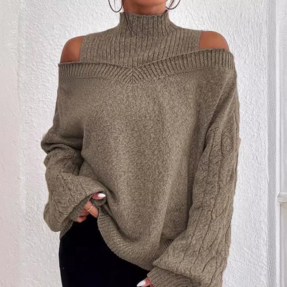 Glimpses Clearance Women's 2024 And Winter Off Shoulder Sweater Women's Pullover Half Turtleneck Sleeve Eight Loose Slimming Sweater Khaki