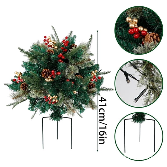Glintoper Lighted Artificial Christmas Urn Filler, Pre-lit Xmas Pine Trees with Cones, Golden & Red Berries, Tripod Stake and 20 LED Lights, Outdoor Light Up Planter Filler Holiday Home Decor