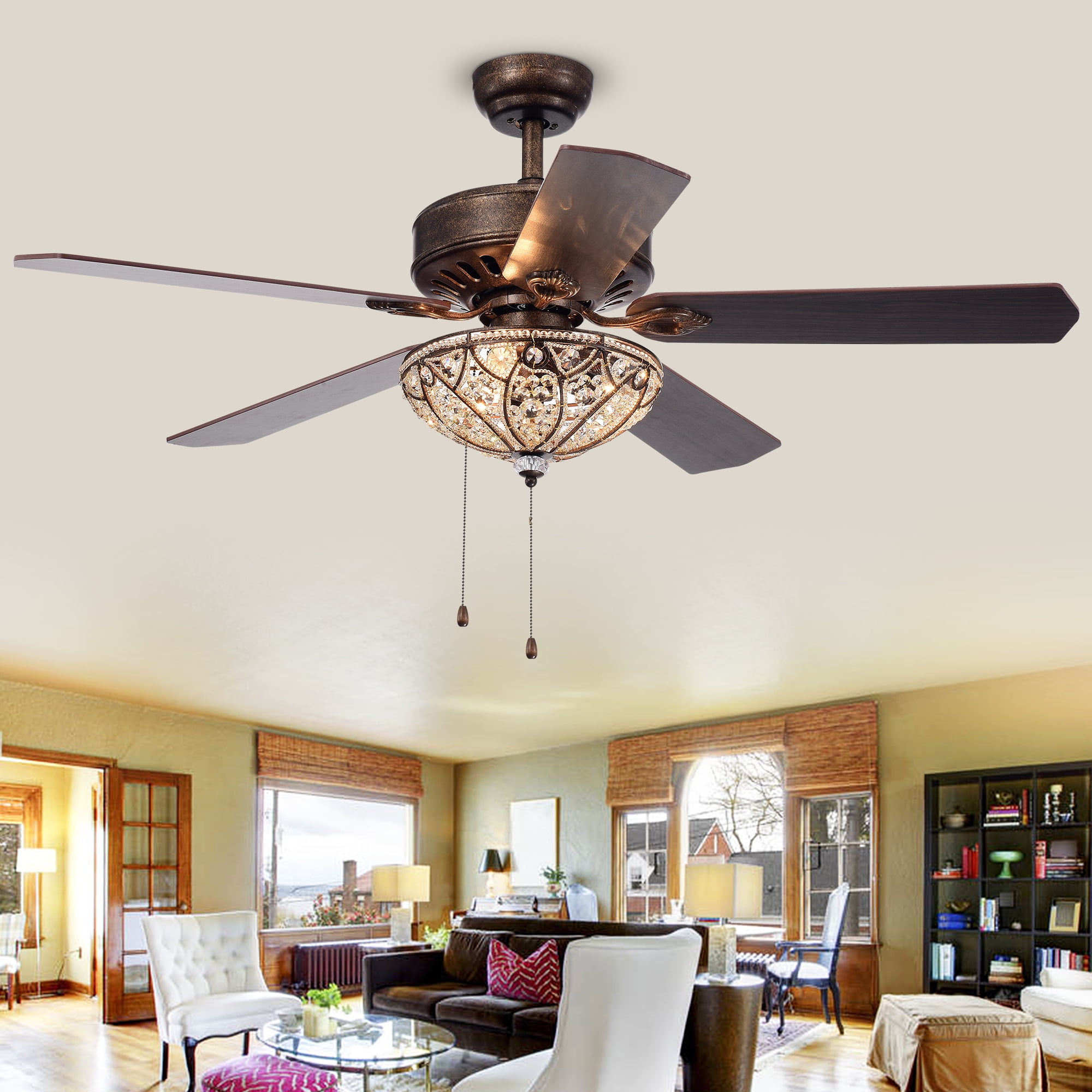 Gliska 52 inches Indoor Bronze Finish Hand Pull Chain Ceiling Fan