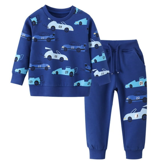 Glisme 2 Pcs Boys Clothing Set Casual Car Printing Hoodie Set Round Neck Top And Pants Comfy Elastic Waist Playwear For Toddler Durable Boys Outfits Size 2-3 Years Blue
