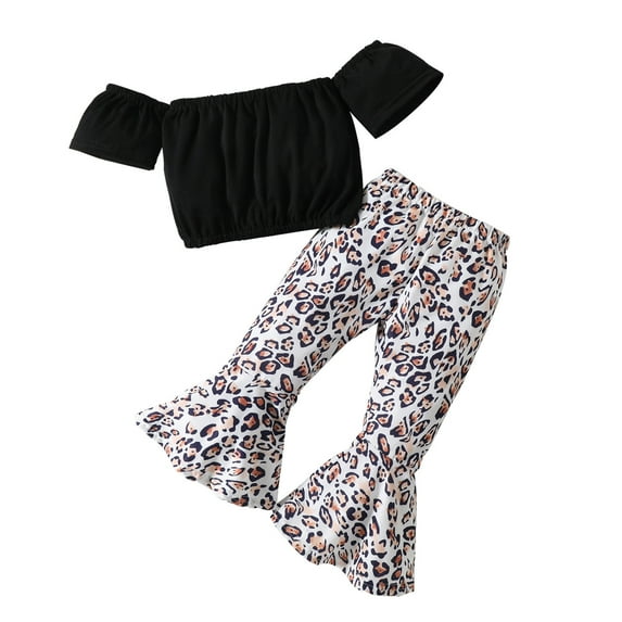 Glisme 2 Pcs Girls Outfit Bottom Pants Leggings Outfit Suit Short Sleeve Top + Leopard Printed Trousers Soft Clothing Set Size 12-24 Months Black