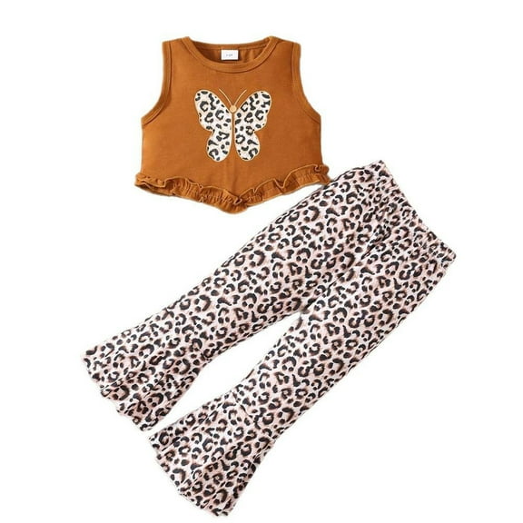 Glisme 2 Pcs Girls Outfit Bowknot Tank & Leopard Flare Pants 2 Piece Summer Set Casual Outfit For Little Kids Skin Friendly Clothing Set Size 7-8 Years Brown
